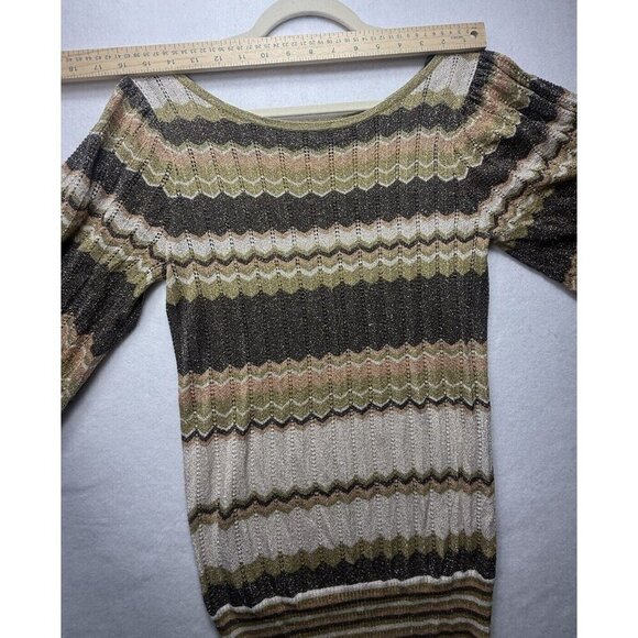 Vtg Bebe Y2K Green Brown Tan Sparkle Multi Zig Zag Scoop Neck Light Sweater Sz S - Picture 5 of 8